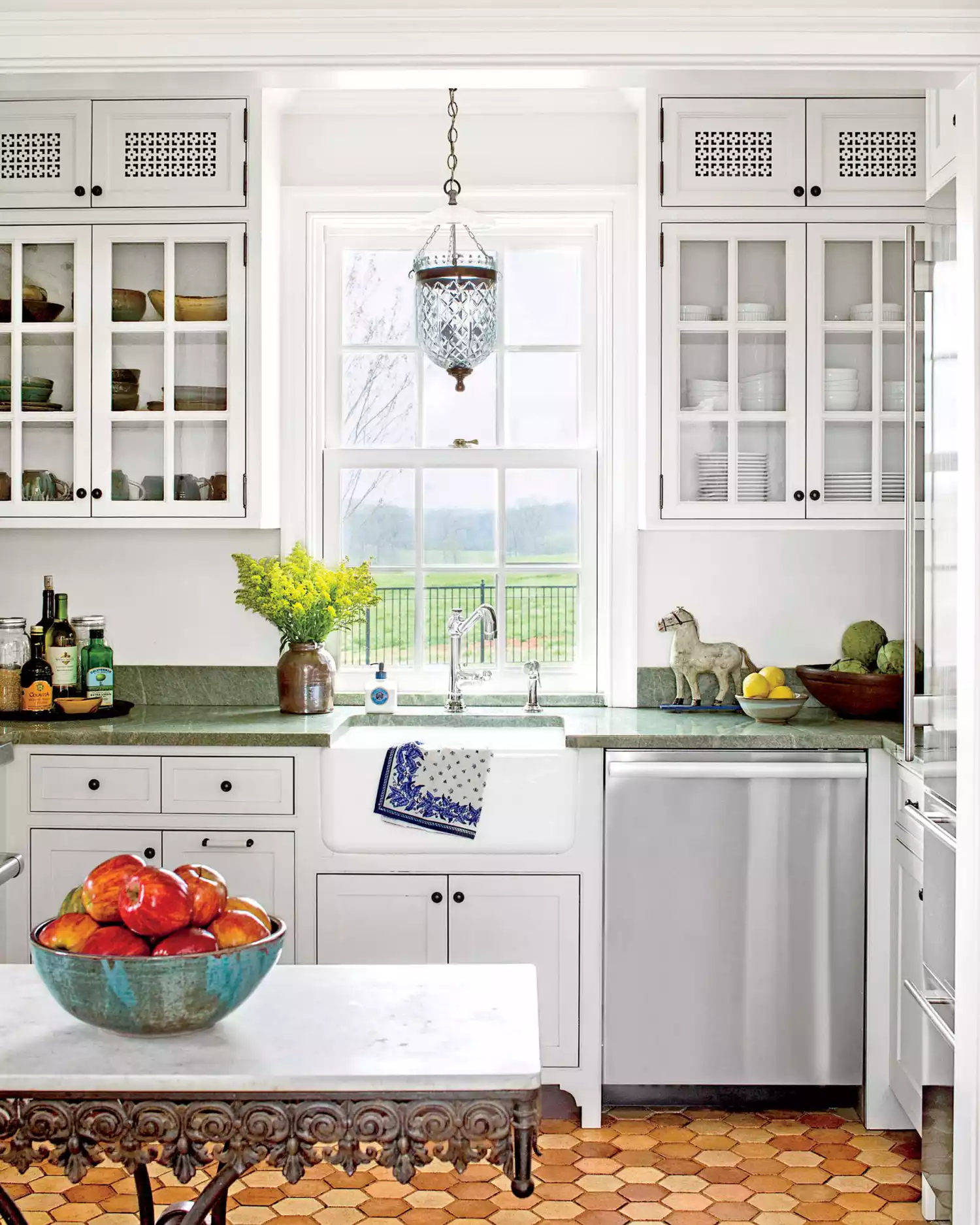 Classic White Cottage Kitchen with Green Countertops
