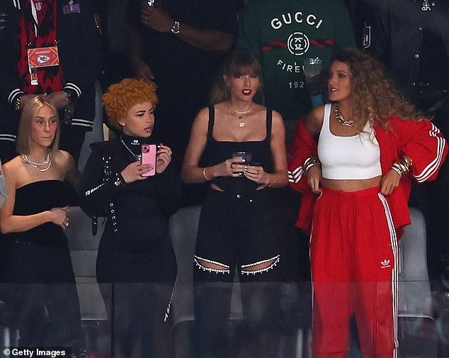 Taylor Swift, 34, was joined by pals Blake Lively, 36, and Ice Spice, 24, as well as longtime friend Ashley Avignone, as she arrived at Allegiant Stadium in Vegas on Sunday to watch Super Bowl LVIII