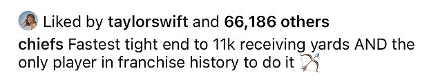 Swift liked a post on Instagram dedicated to Kelce after his record-breaking achievement