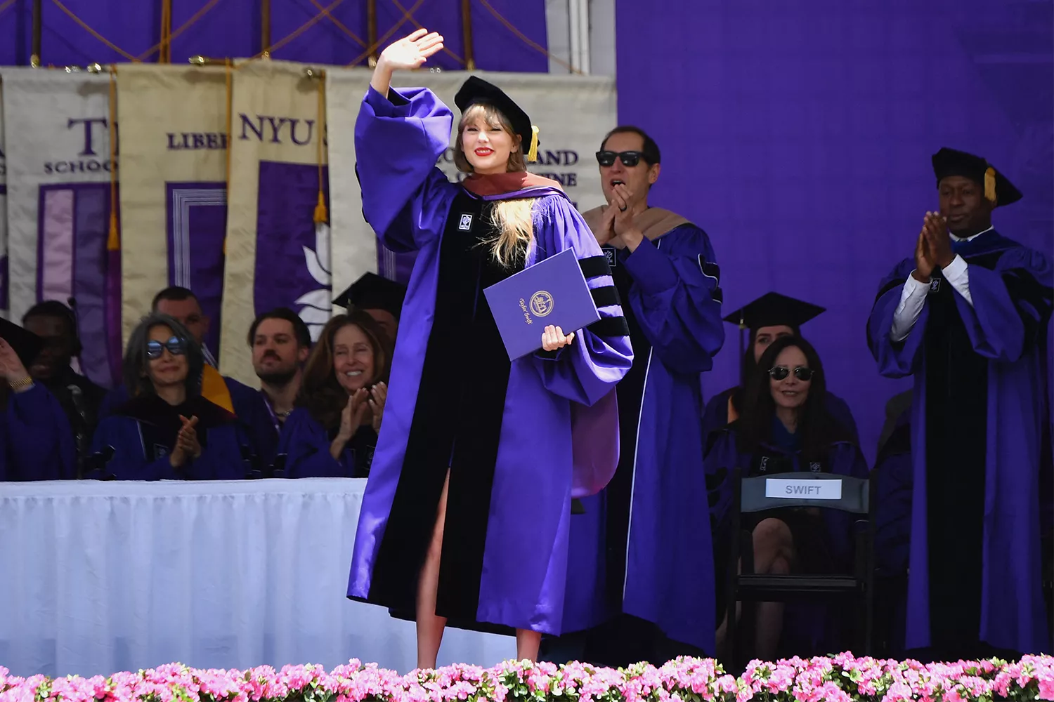 Singer Taylor Swift receives an honorary doctorate of fine arts during New York University's commencement ceremony for the class of 2022 at Yankee Stadium in New York City on May 18, 2022.