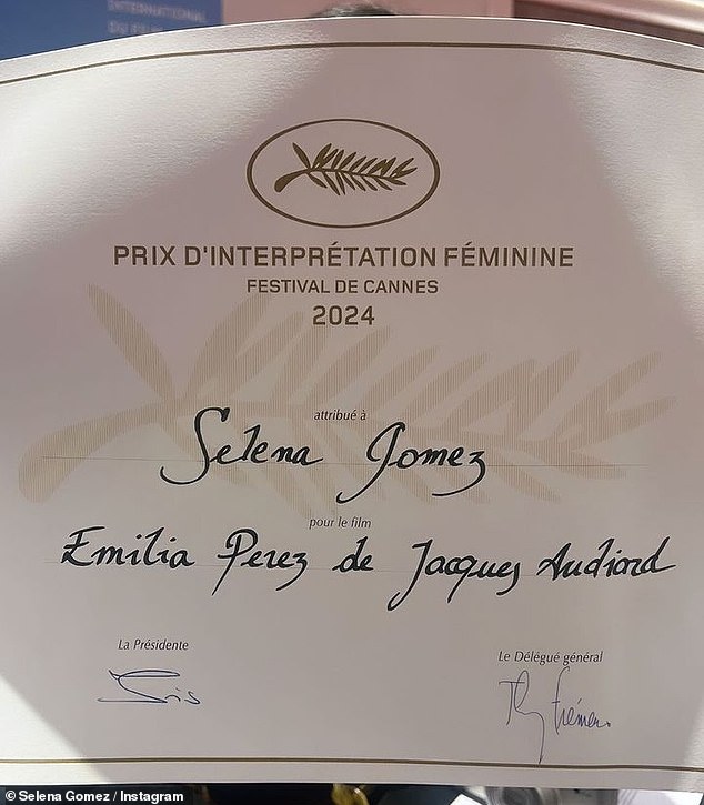 Gomez also proudly uploaded a photo of her Best Actress certificate that she received for her special win