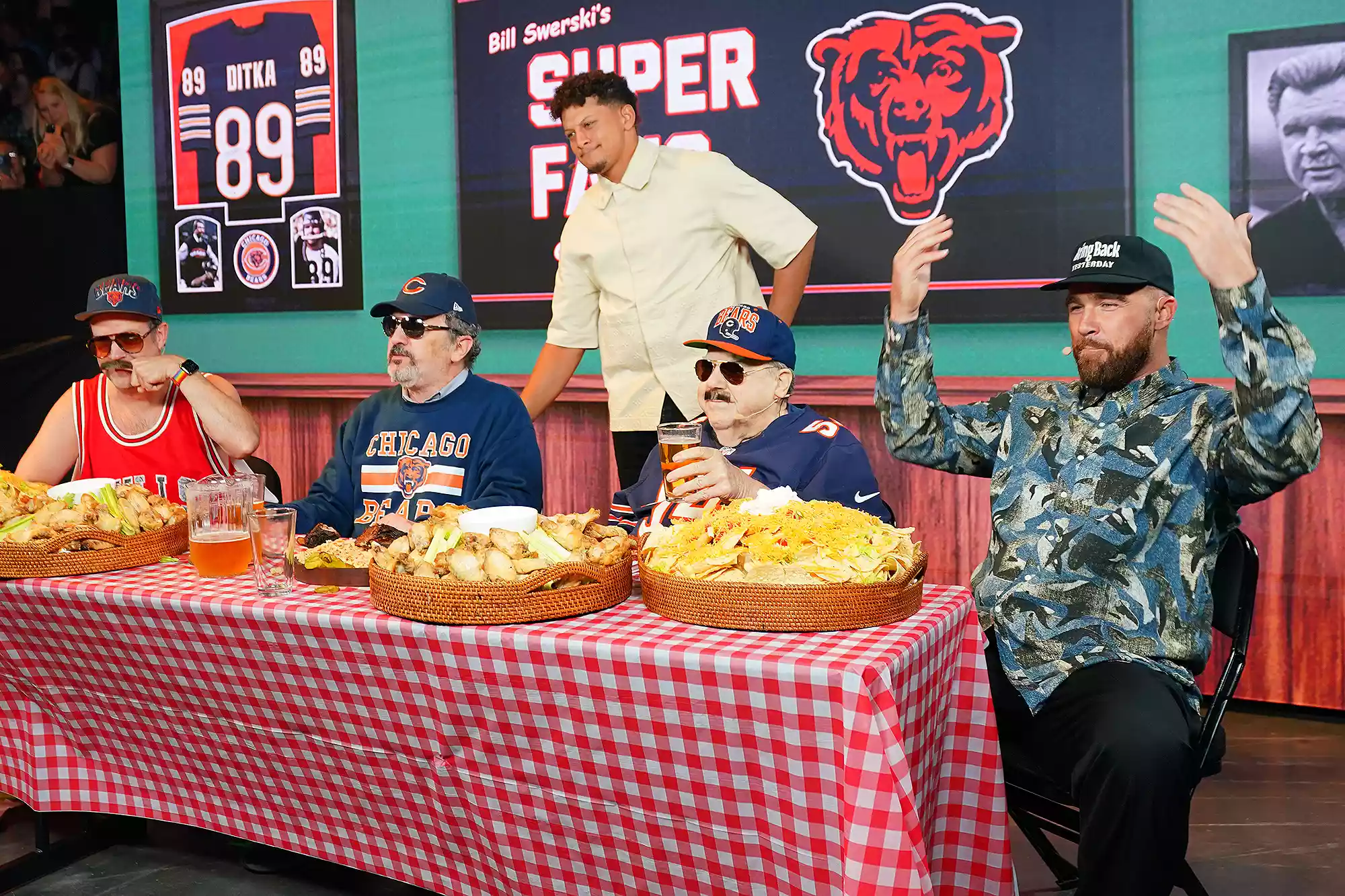  Jason Sudeikis, Robert Smigel, Patrick Mahomes, George Wendt, and Travis Kelce perform onstage during 2024 Big Slick Celebrity Weekend on June 01, 2024 in Kansas City, Missouri.