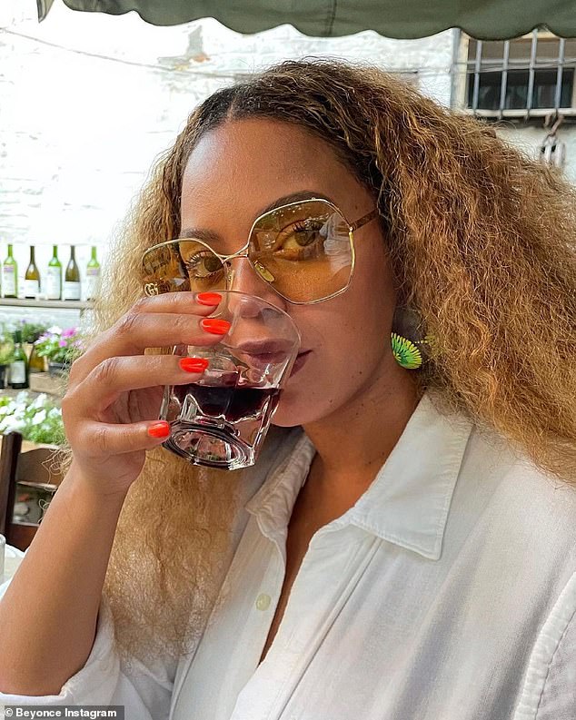 Yum: She and her rapper husband let loose with a little wine for lunch, and she shared a closeup of herself taking a sip