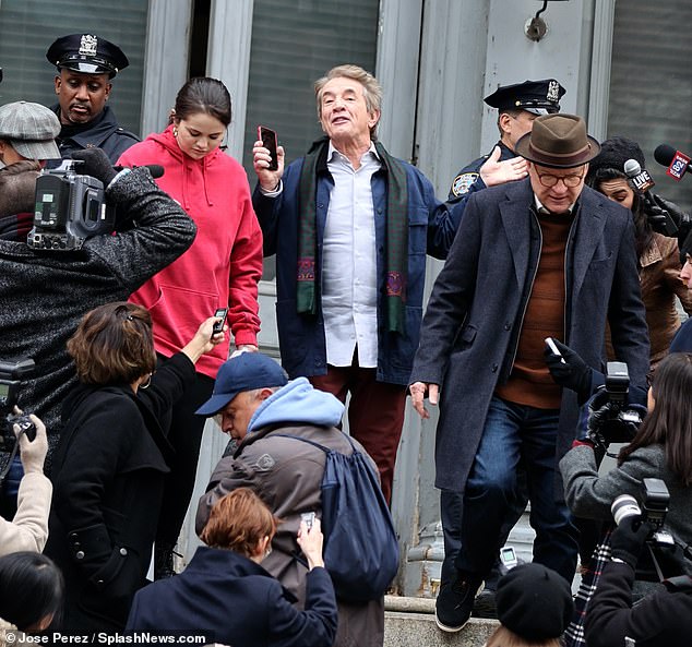 Tremendous trio: Selena Gomez filmed scenes for season two of Only Murders In The Building with Steve Martin and Martin Short in New York City on Wednesday