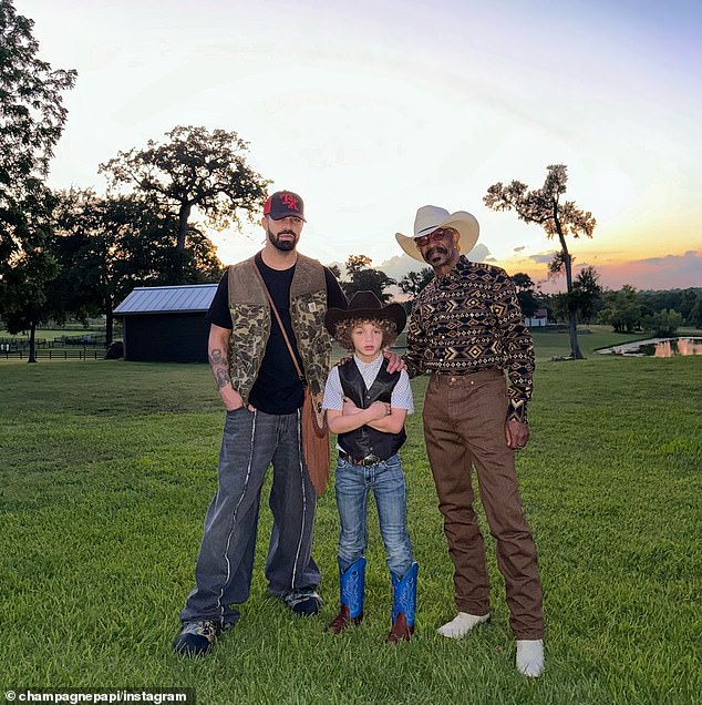 Drake spend his Father's Day holiday with his six-year-old son Adonis and his father Dennis Graham at his 313-acre ranch in Washington County, Texas, less than 85 miles from Houston